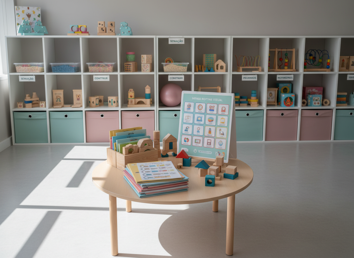 A modern pediatric therapy room in Porto Alegre styled in soft neutrals and gentle pastels, featuring a low therapy table with neatly stacked assessment kits, building blocks, and a large laminated visual schedule on a stand. Along the wall, modular storage cubes hold occupational therapy tools, sensory bins, and fine motor activities, all clearly labeled. Large windows outside the frame cast diffused daylight across the smooth vinyl floor, creating a clean, hygienic look with soft, elongated shadows. Photographic realism from a wide-angle, slightly elevated viewpoint, capturing the entire space with sharp focus. The mood is calm, organized, and hopeful, reflecting a contemporary, family-centered ABA and occupational therapy practice.