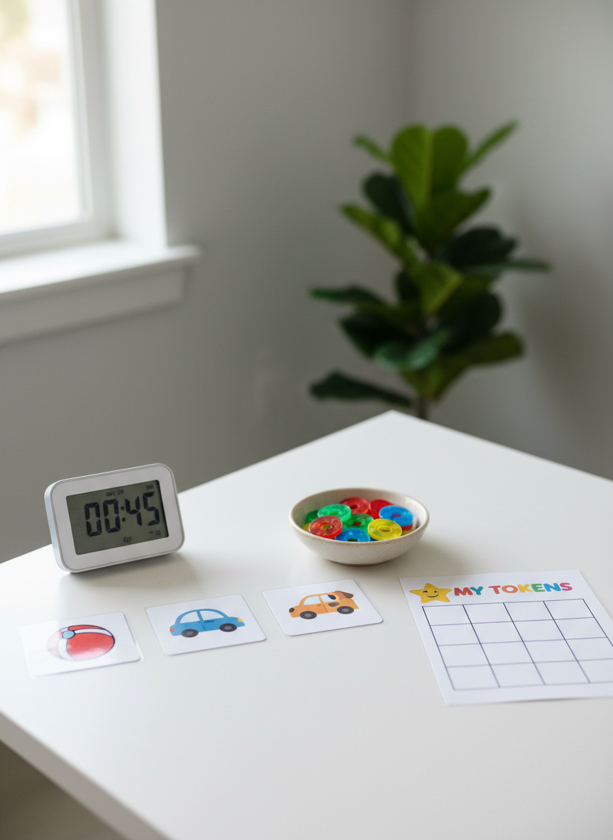 A structured ABA therapy station set up for a discrete trial training session, with three neatly arranged picture cards on a matte white tabletop, a small bowl containing colorful plastic tokens, and a simple visual reinforcement chart printed on thick, glossy paper. A digital timer with a clear display sits nearby, its surface catching soft daylight from an adjacent window. The environment is minimal and distraction-free, with a blurred background of light gray walls and a single potted plant adding a touch of warmth. Photographic realism at an eye-level perspective, with sharp focus on the teaching materials and a gentle, professional mood that communicates clarity, consistency, and child-centered intervention planning.