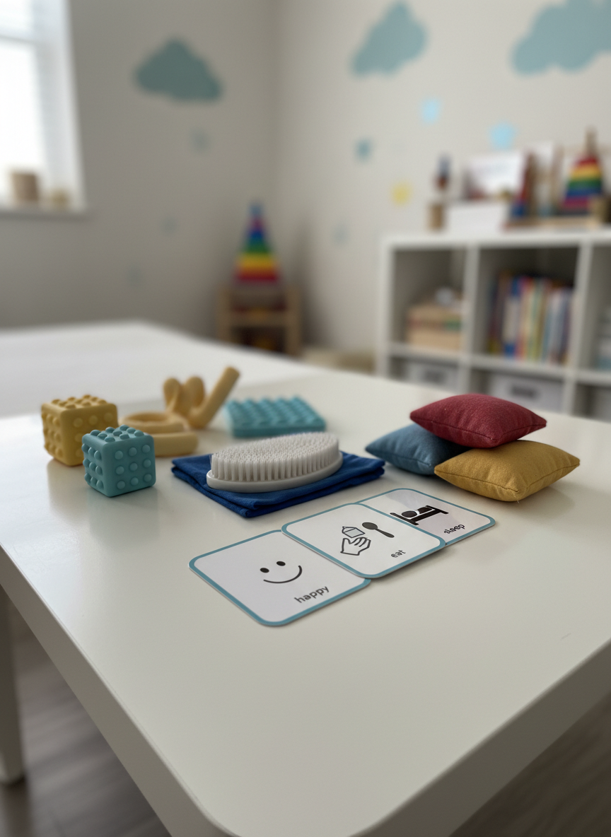 A close-up photographic scene of a textured sensory toolkit arranged meticulously on a white therapy table: silicone fidget toys, a soft-bristled sensory brush, weighted bean bags in muted primary colors, and laminated visual choice cards with simple icons. The table surface is pristine, reflecting a hint of soft, natural window light that creates delicate highlights on smooth plastic and subtle shadows around textured items. The background is softly blurred, hinting at pastel-colored wall decals and an organized therapy shelf. Captured at a low, side angle with a shallow depth of field, the image feels calm, clean, and reassuring, emphasizing the thoughtful, individualized approach of ABA-based occupational therapy for children.